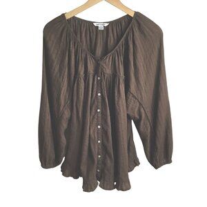 AMERICAN EAGLE Women's Chocolate Brown Boho Oversized Button Front Top XS Fall